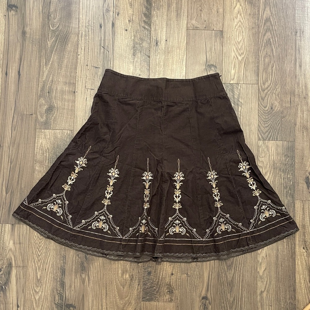 Ann Taylor Brown Corduroy Embroidered Floral A-Line Midi Skirt Size 12 Womens
